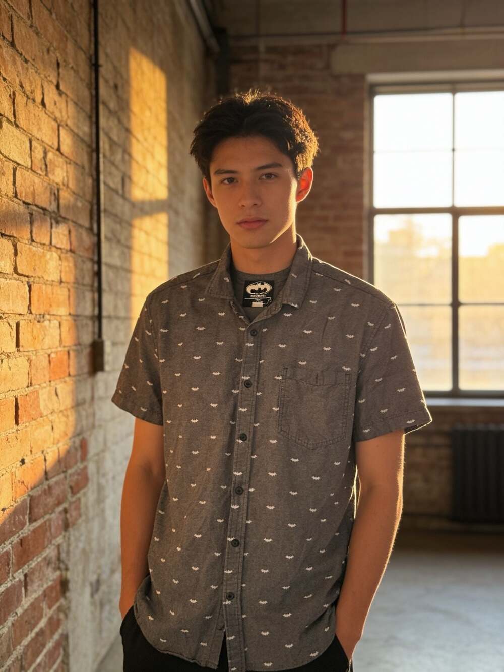 Batman DC Comics Men's Gray All Over Bat Signal Print Short Sleeve Button Up Shi